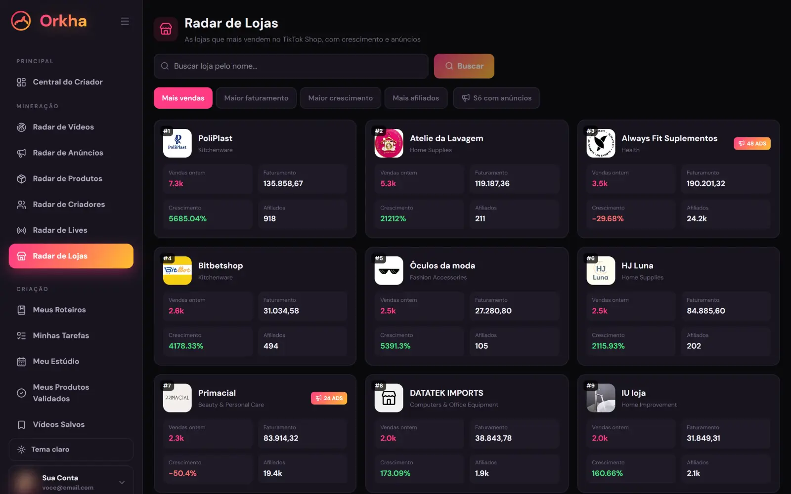 Tela real do Orkha: radar de lojas