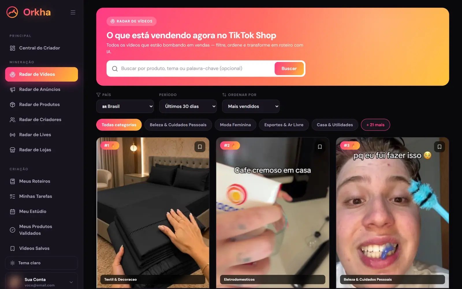 Tela real do Orkha: radar de vídeos que estão vendendo