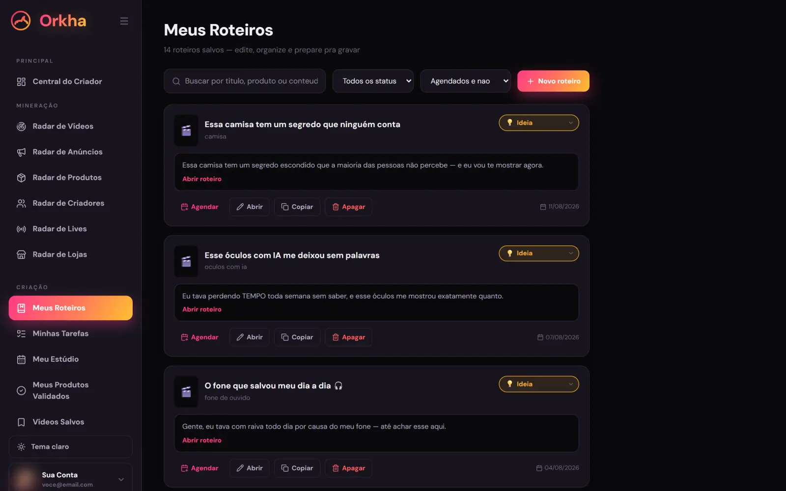 Tela real do Orkha: roteiro gerado pelo Inspire-se