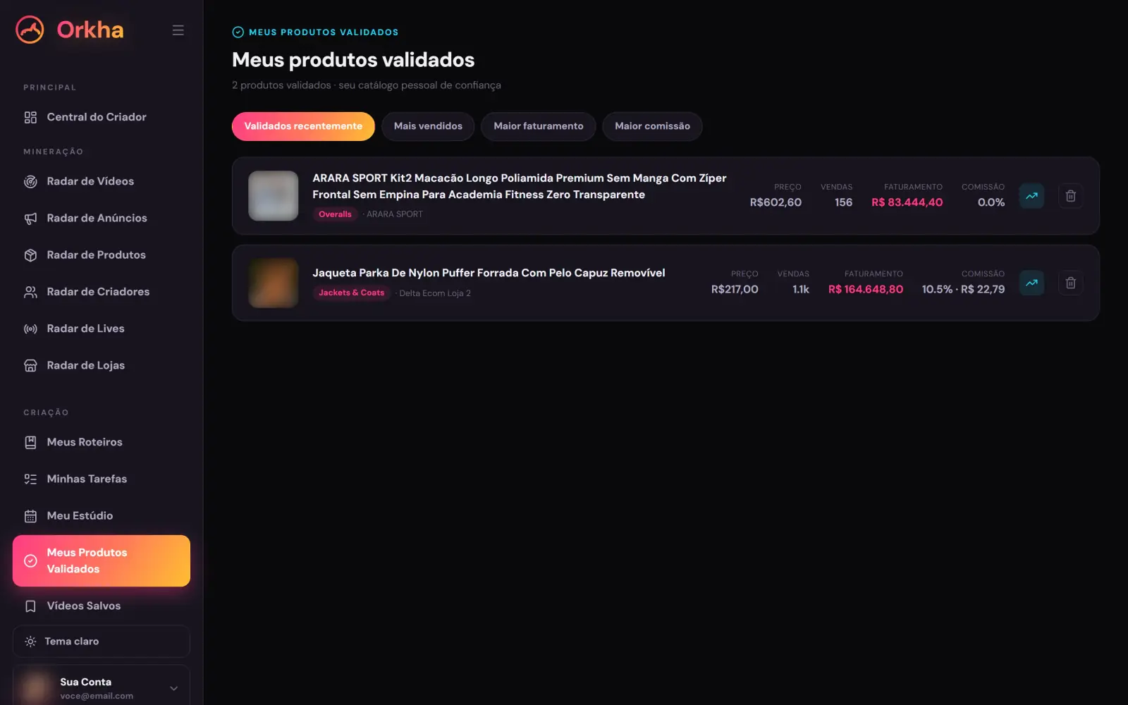 Tela real do Orkha: produtos validados e Meu Estúdio